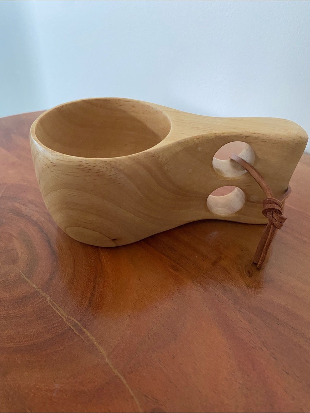 Handcrafted Wooden Kuksa Mug with Leather Strap - Natural Wood